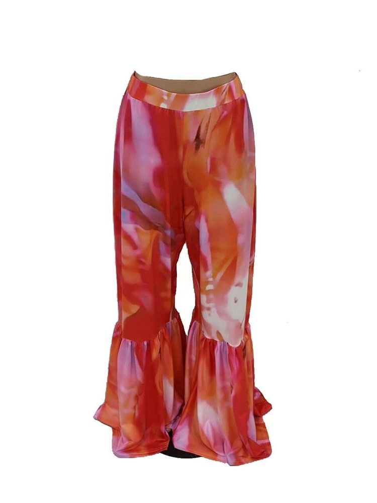 Calças Casuais Femininas Com Estampa Em Bloco De Cores Finas Bellbottoms De Comprimento Total