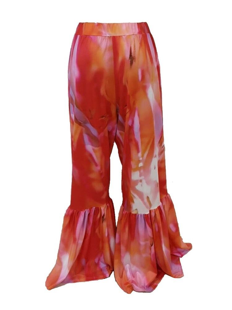 Calças Casuais Femininas Com Estampa Em Bloco De Cores Finas Bellbottoms De Comprimento Total