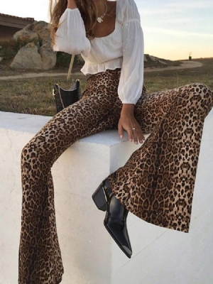 Calças Casuais Femininas Slim Leopardo De Cintura Média De Comprimento Total E Pernas Largas