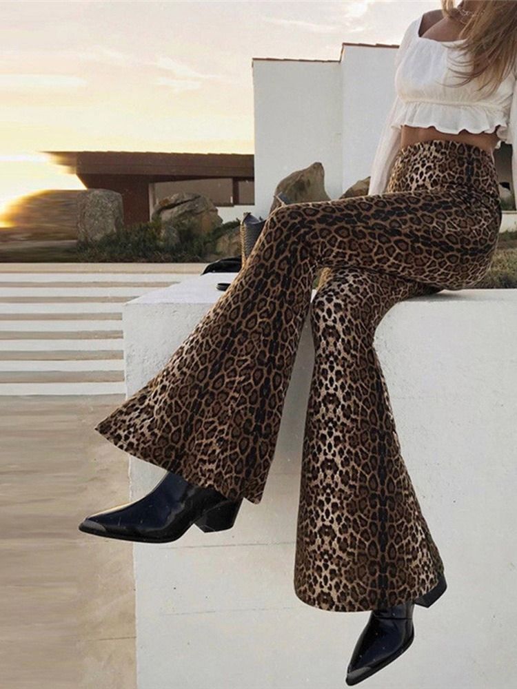 Calças Casuais Femininas Slim Leopardo De Cintura Média De Comprimento Total E Pernas Largas