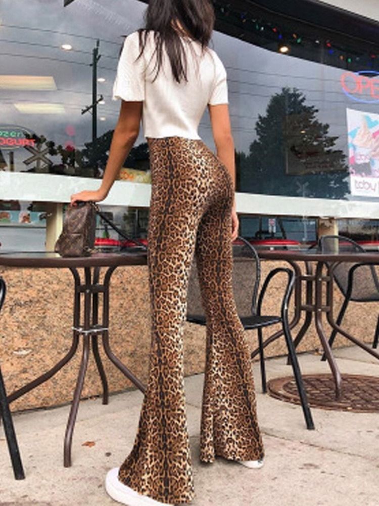 Calças Casuais Femininas Slim Leopardo De Cintura Média De Comprimento Total E Pernas Largas