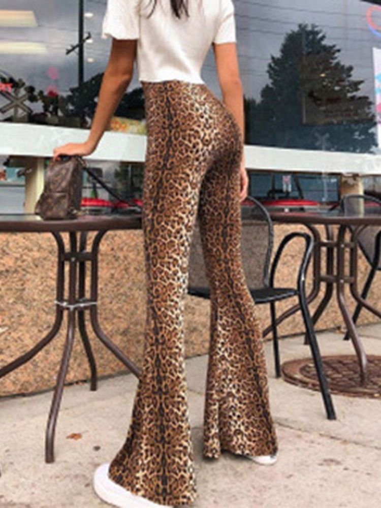 Calças Casuais Femininas Slim Leopardo De Cintura Média De Comprimento Total E Pernas Largas