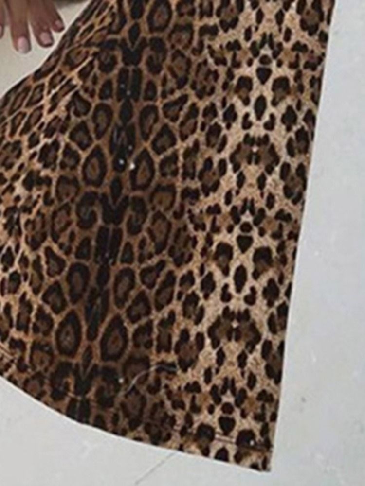 Calças Casuais Femininas Slim Leopardo De Cintura Média De Comprimento Total E Pernas Largas