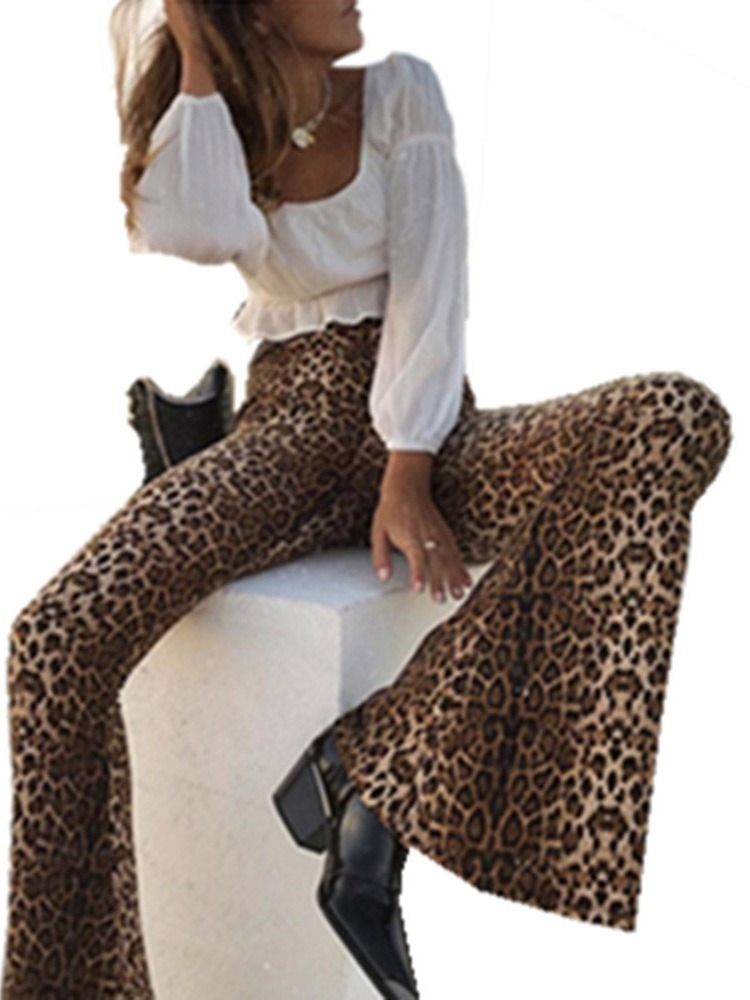 Calças Casuais Femininas Slim Leopardo De Cintura Média De Comprimento Total E Pernas Largas