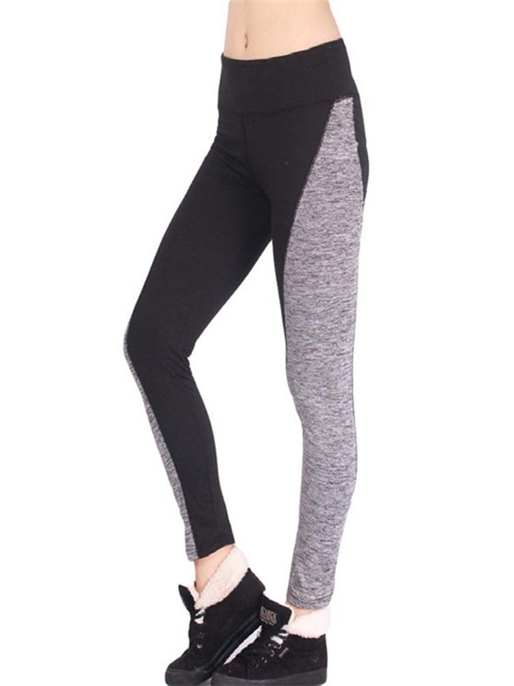 Calças Leggings Femininas Em Patchwork Color Block Mid-cintura