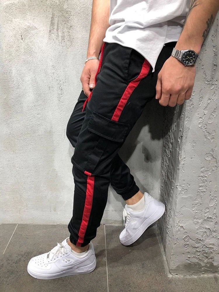 Color Block Patchwork Baggy Europeu Calça Casual Masculina