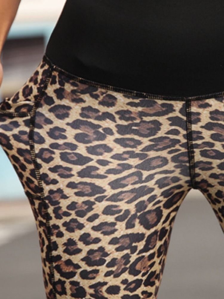 Leggings Esportivos Femininos Leopardo De Cintura Alta Com Bolso Alto