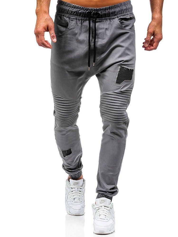 Patchwork Lace Up Micro-elastic Calça Casual Masculina