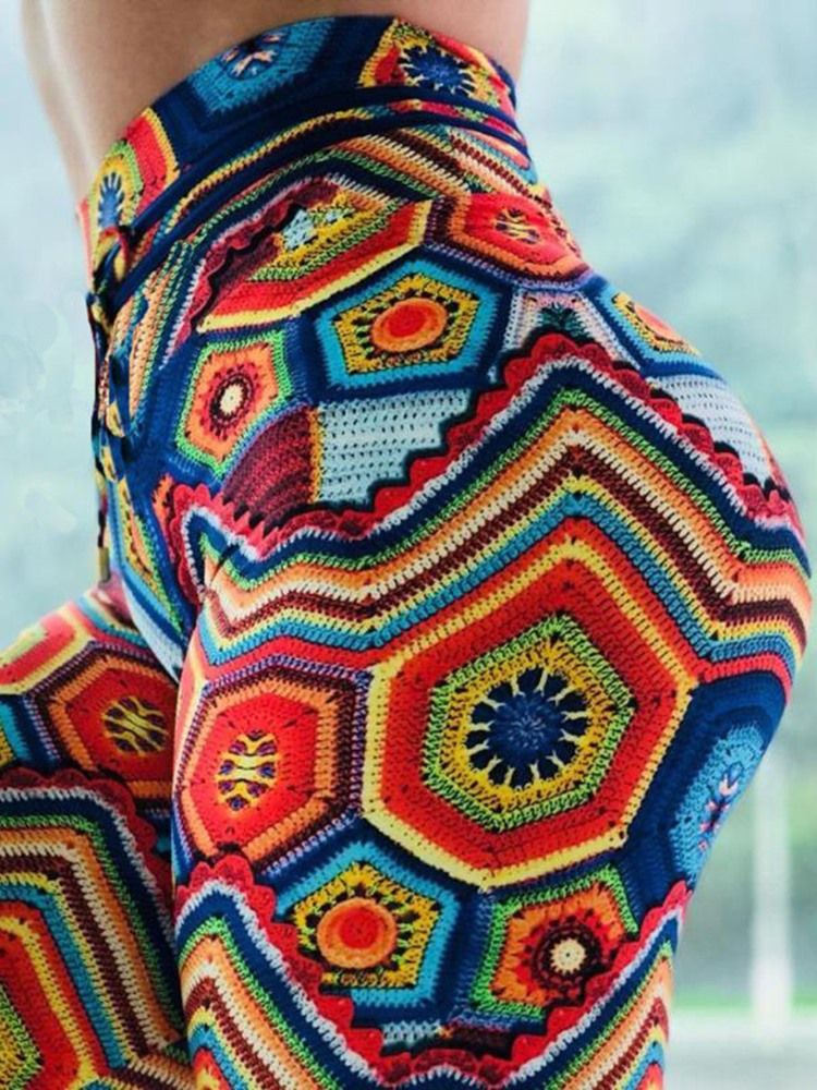 Estampa De Poliéster Geométrico Anti-suor Feminino Para Corrida Calças De Ioga De Cintura Alta Leggings