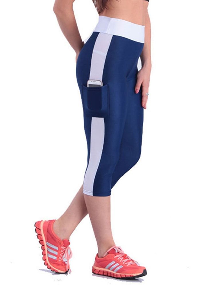 Leggings Curtas Para Ginástica Esportiva Da Panturrilha Média Respirável Bloco De Cores Feminino