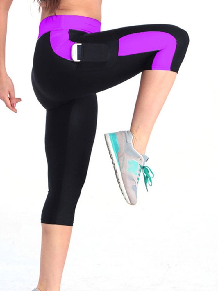 Leggings Curtas Para Ginástica Esportiva Da Panturrilha Média Respirável Bloco De Cores Feminino