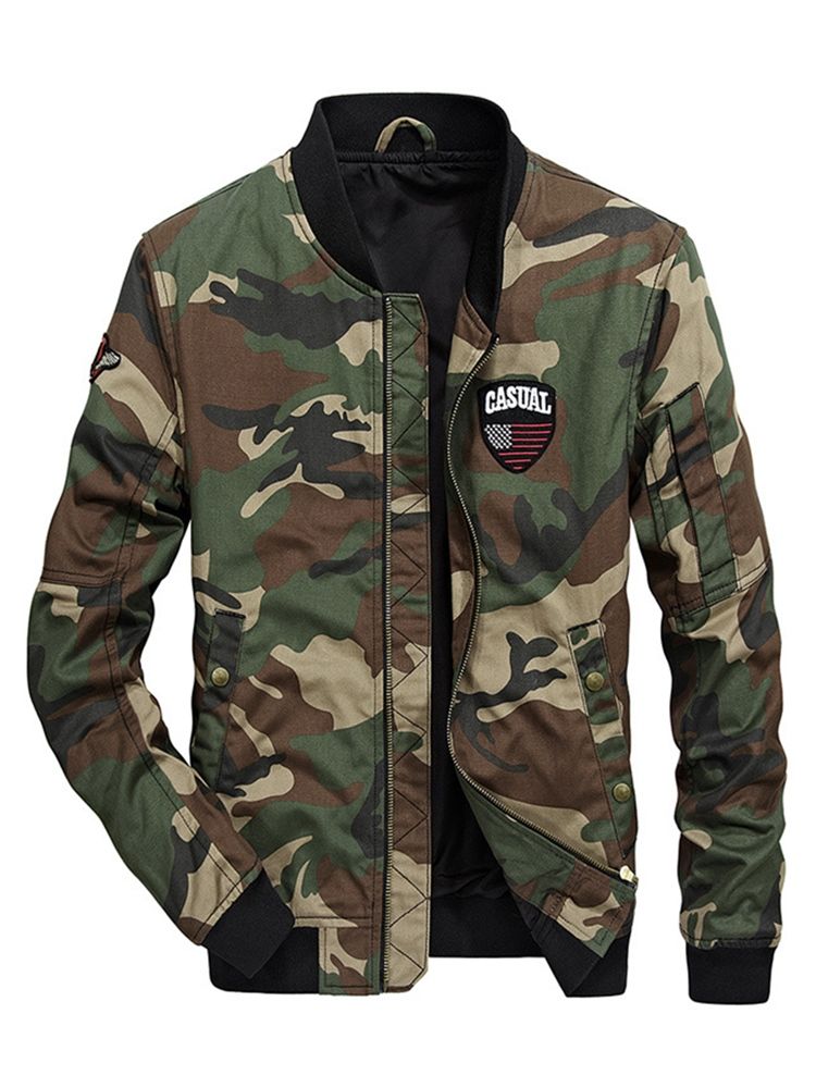 Camuflagem Algodão Camuflagem Com Zíper Gola Casual Slim Jaqueta Masculina