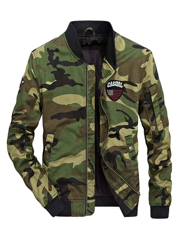 Camuflagem Algodão Camuflagem Com Zíper Gola Casual Slim Jaqueta Masculina