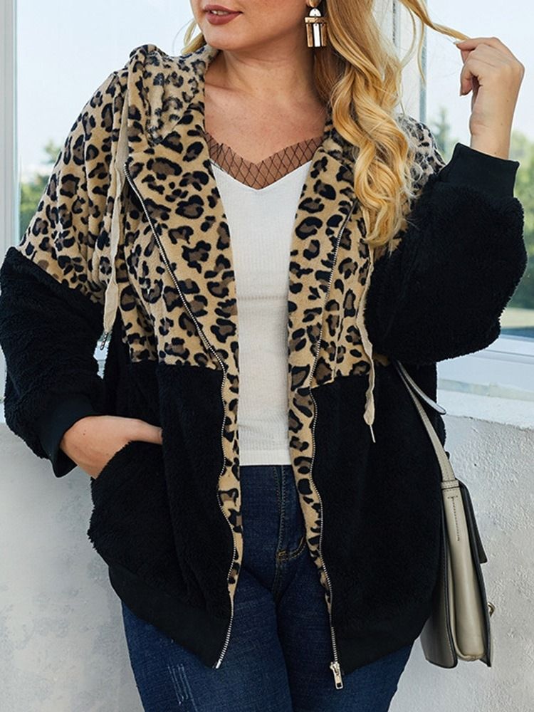 Casaco Feminino Casual Leopardo Com Zíper Espesso Padrão