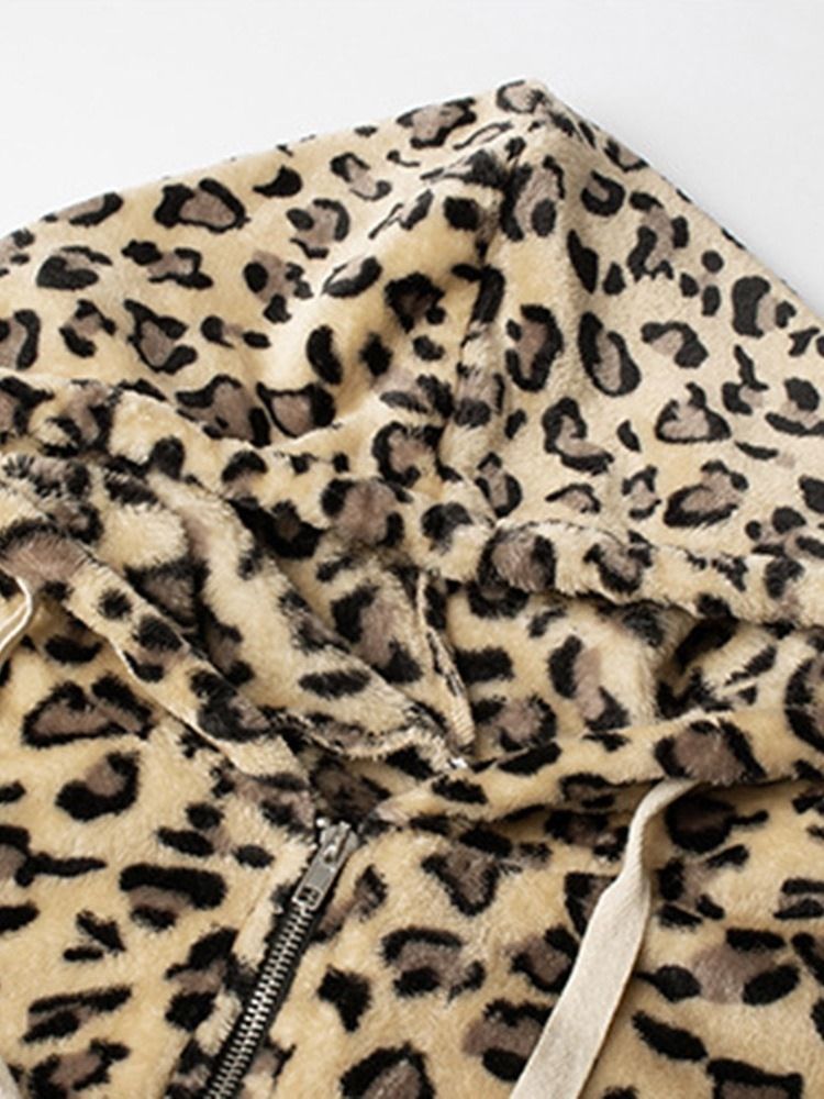 Casaco Feminino Casual Leopardo Com Zíper Espesso Padrão