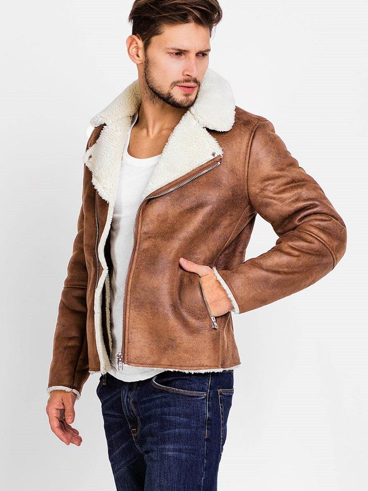 Casaco Masculino De Lapela Zip Falso Shearling Shearling Quente Vogue