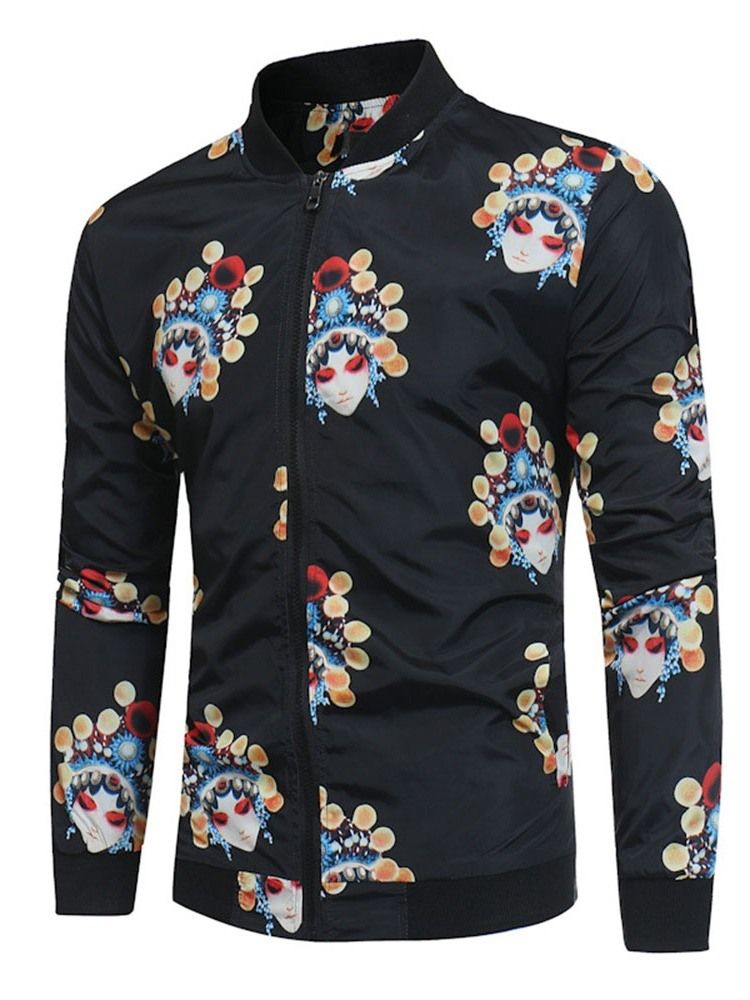 Color Block Stand Collar Print Jaqueta Casual Masculina