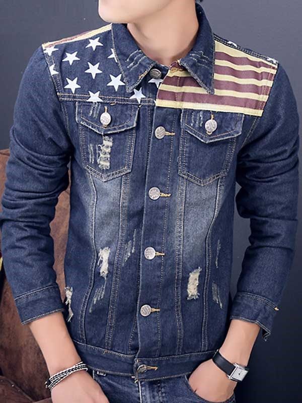 Jaqueta Jeans Masculina Com Estampa Casual Patchwork