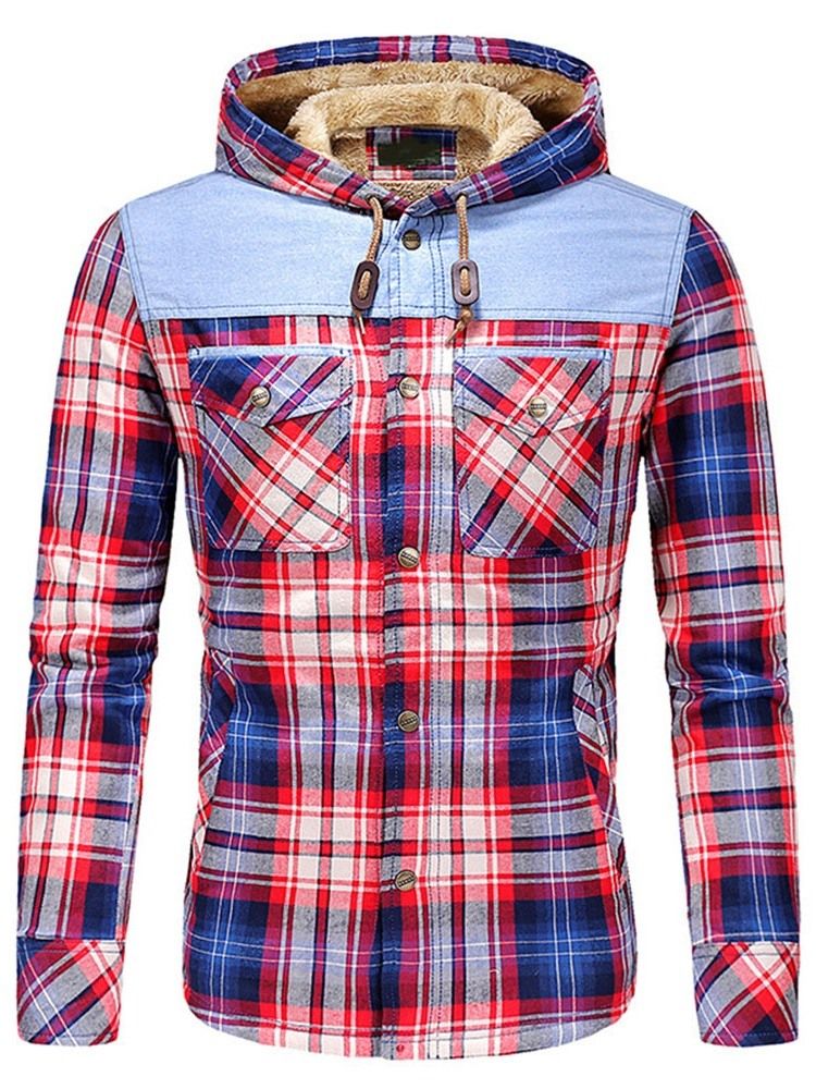 Jaqueta De Lã Xadrez Patchwork Casual Masculina