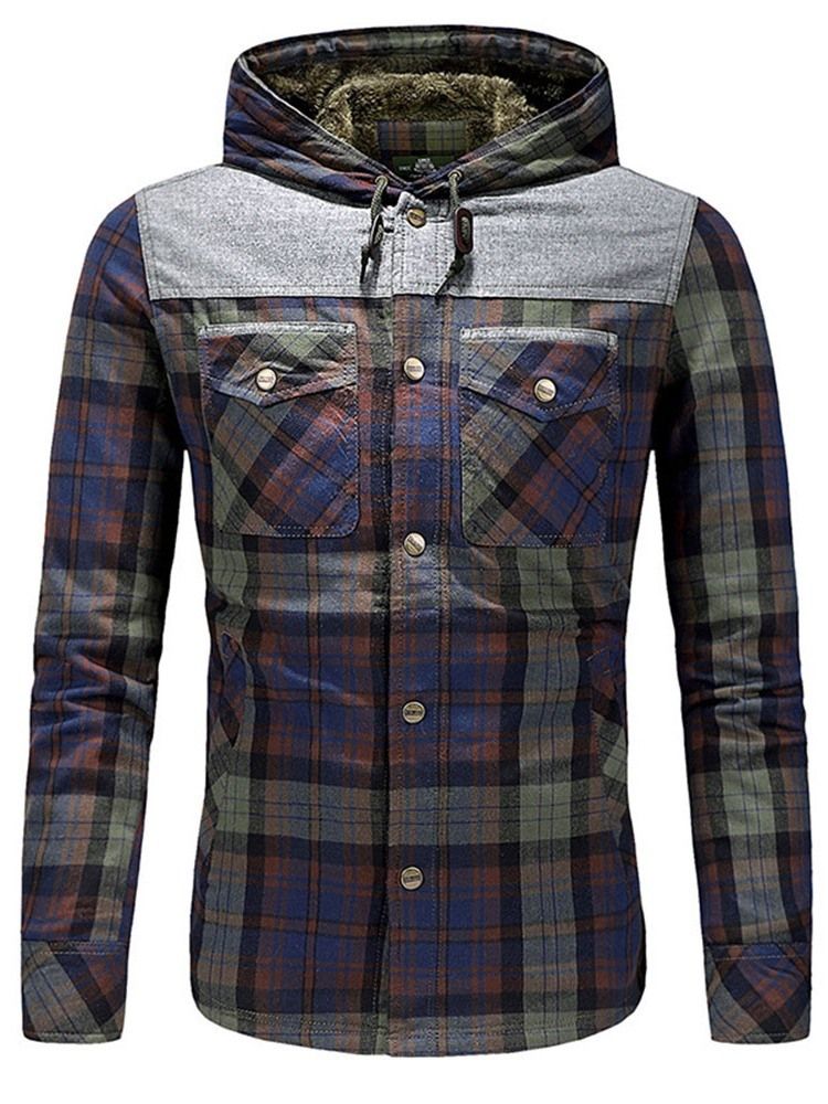 Jaqueta De Lã Xadrez Patchwork Casual Masculina