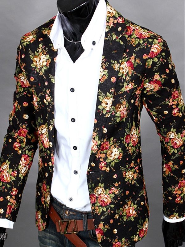 Lapela Com Entalhe Floral Estampado Vogue Casual Blazer Masculino