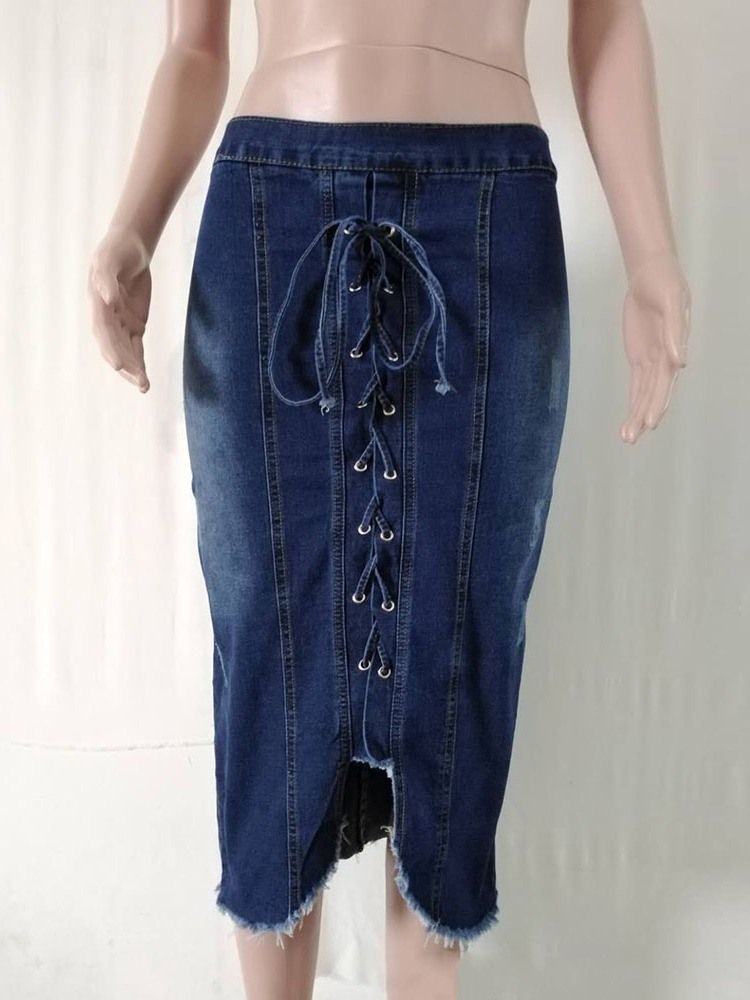 Saia Feminina Assimétrica Jeans Lisa Com Renda Média