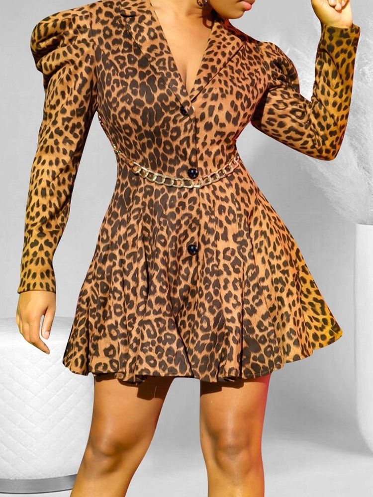 Botão Manga Comprida Acima Do Joelho Moda Leopardo Vestido Feminino