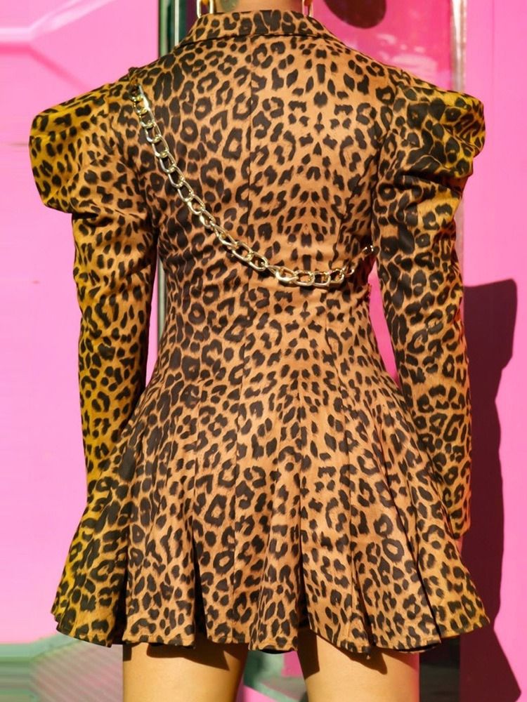 Botão Manga Comprida Acima Do Joelho Moda Leopardo Vestido Feminino