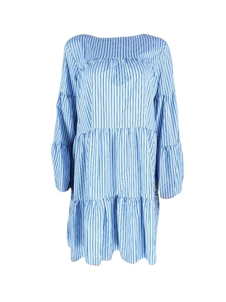 Feminino Gola Redonda Listra Plissada Casual Cintura Alta Vestido Casual