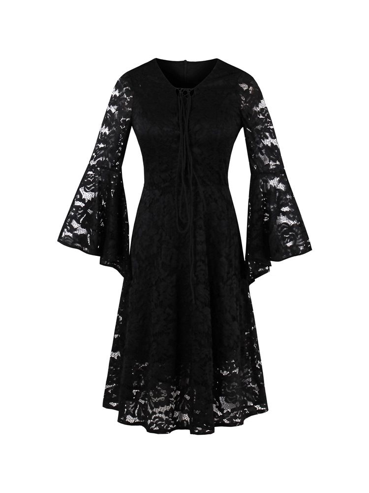 Feminino Lace Holow Flare Sleeve A Line Little Black Dress