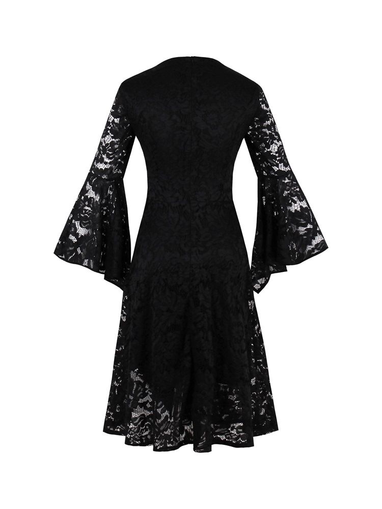 Feminino Lace Holow Flare Sleeve A Line Little Black Dress