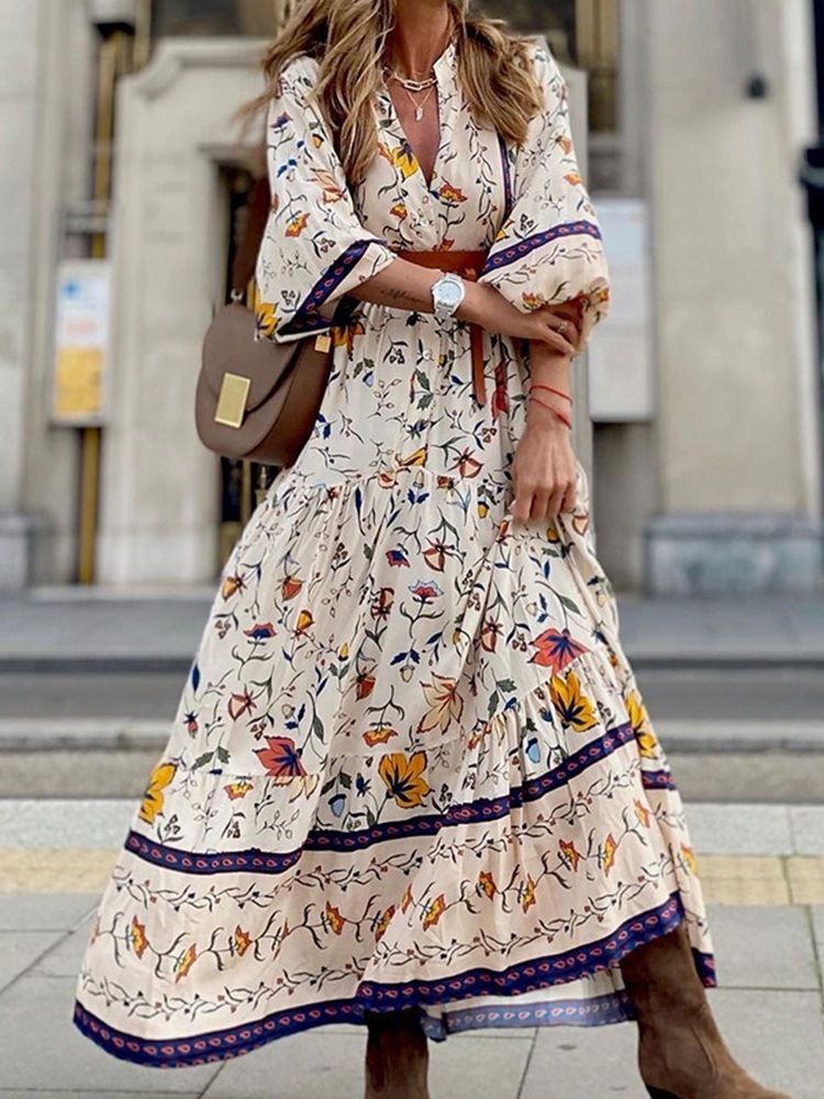 Feminino Vestido Longo Floral Com Estampa De Três Quartos Pulôver De Manga Curta