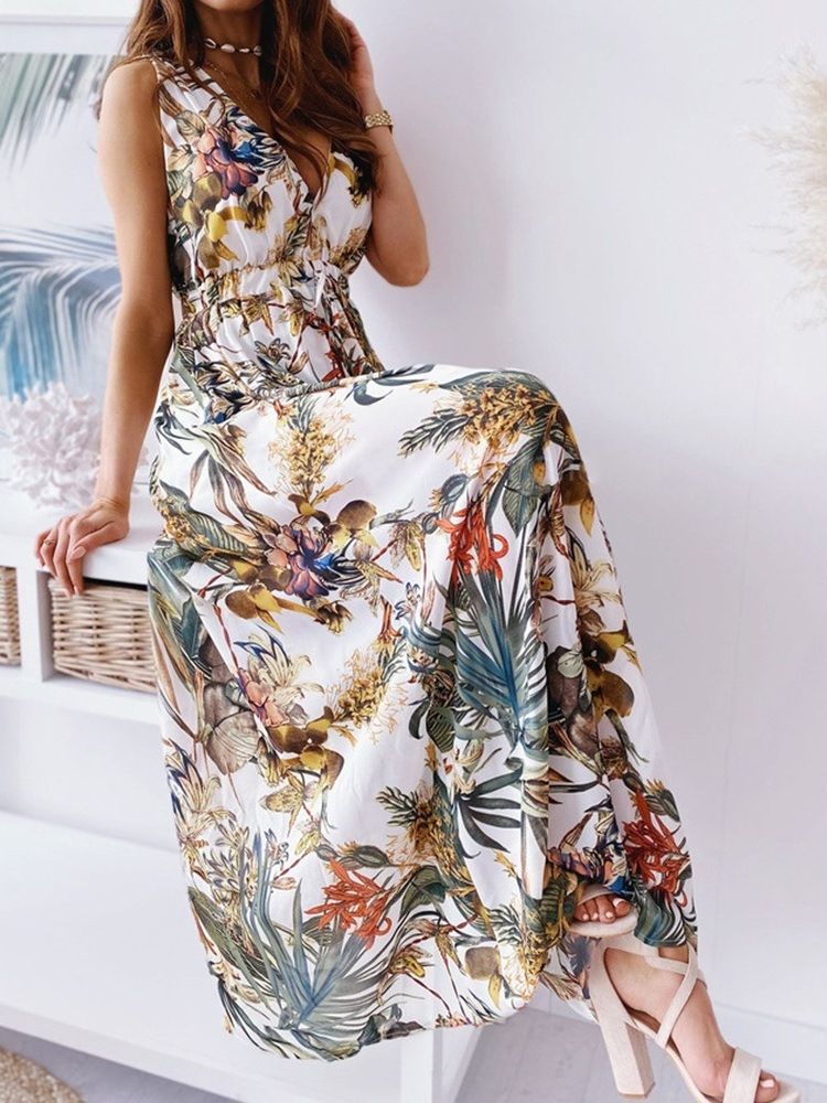 Imprimir Vestidos Longos De Praia Com Decote Em V Floral Vestido Longo Para Mulheres