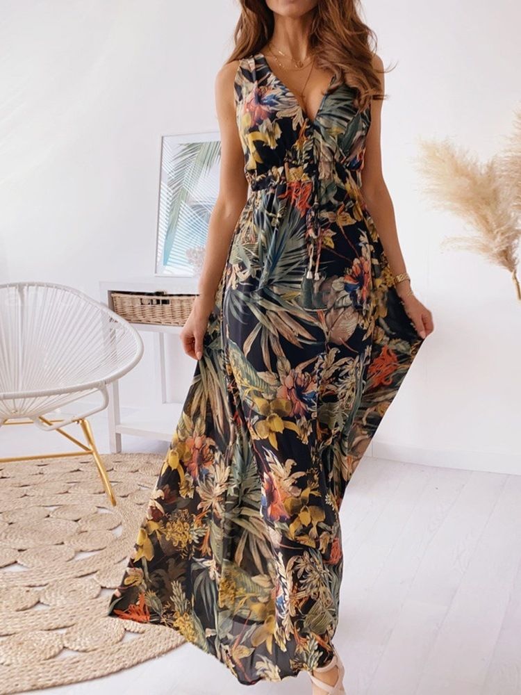 Imprimir Vestidos Longos De Praia Com Decote Em V Floral Vestido Longo Para Mulheres