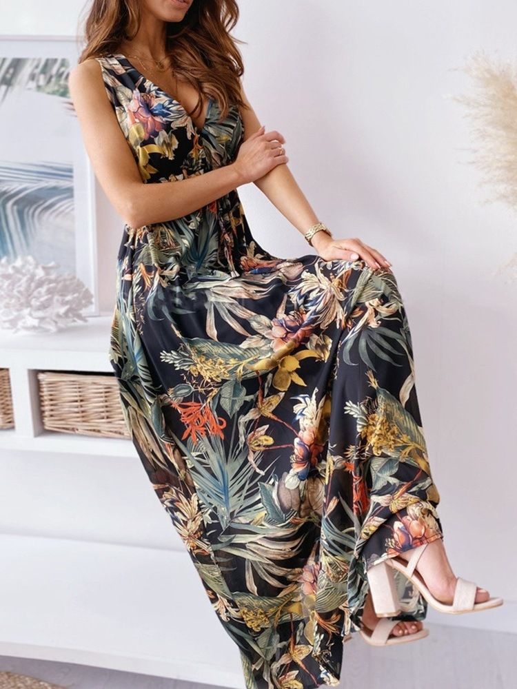 Imprimir Vestidos Longos De Praia Com Decote Em V Floral Vestido Longo Para Mulheres