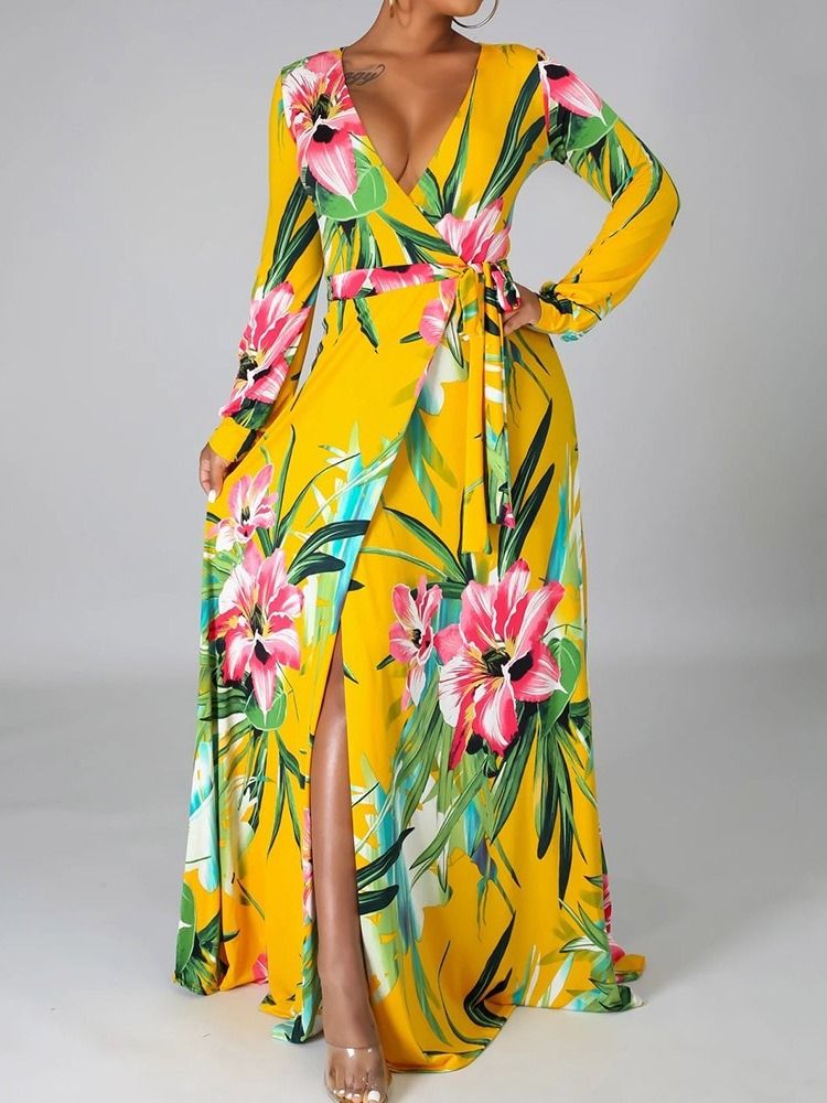 Manga Comprida Patchwork Feminino Com Decote Em V Travel Look Color Block Floral Maxi Dress