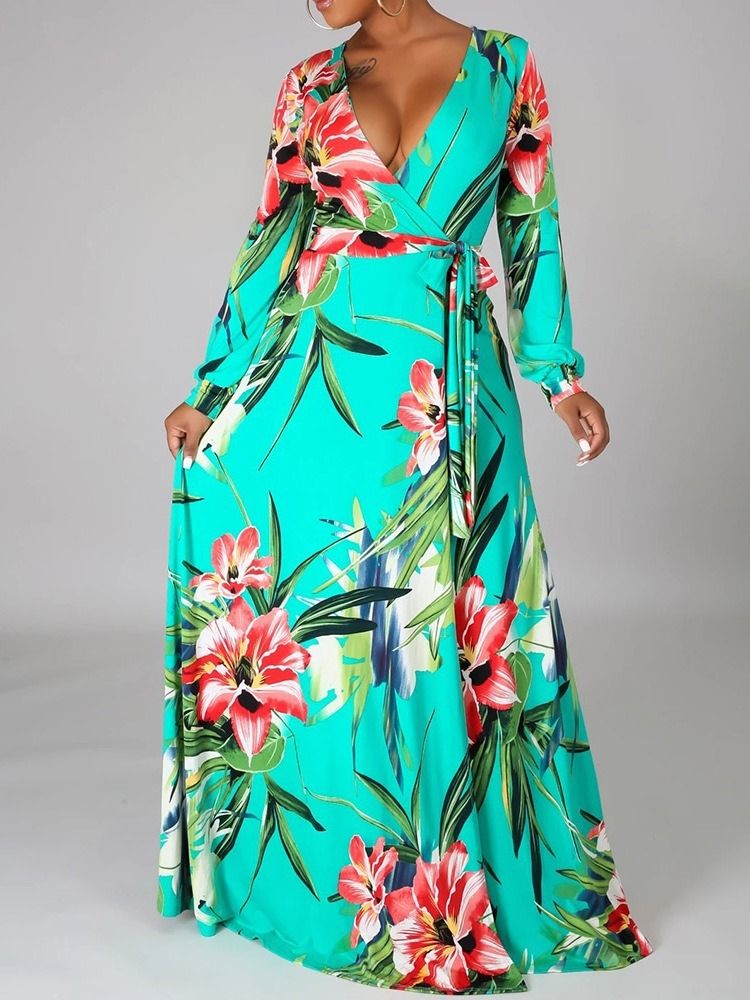 Manga Comprida Patchwork Feminino Com Decote Em V Travel Look Color Block Floral Maxi Dress