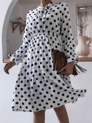 Metade Da Panturrilha Patchwork Arco Colarinho A-line Polka Dots Vestido Feminino