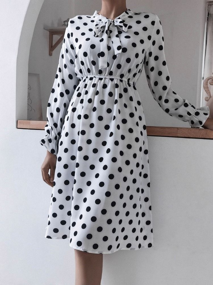 Metade Da Panturrilha Patchwork Arco Colarinho A-line Polka Dots Vestido Feminino