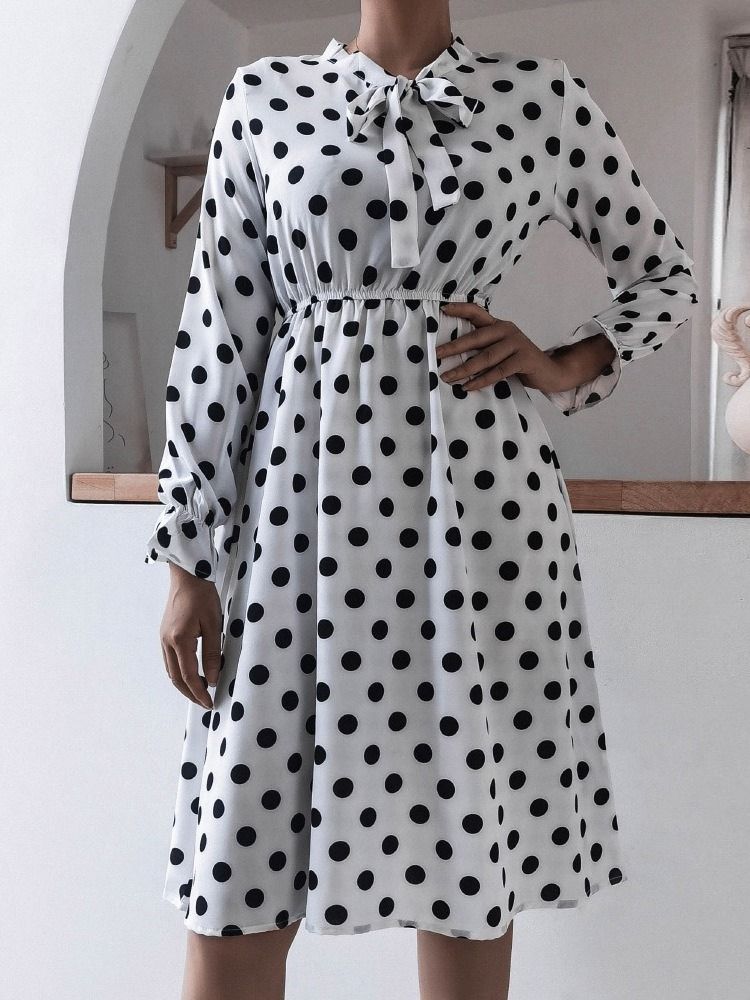 Metade Da Panturrilha Patchwork Arco Colarinho A-line Polka Dots Vestido Feminino