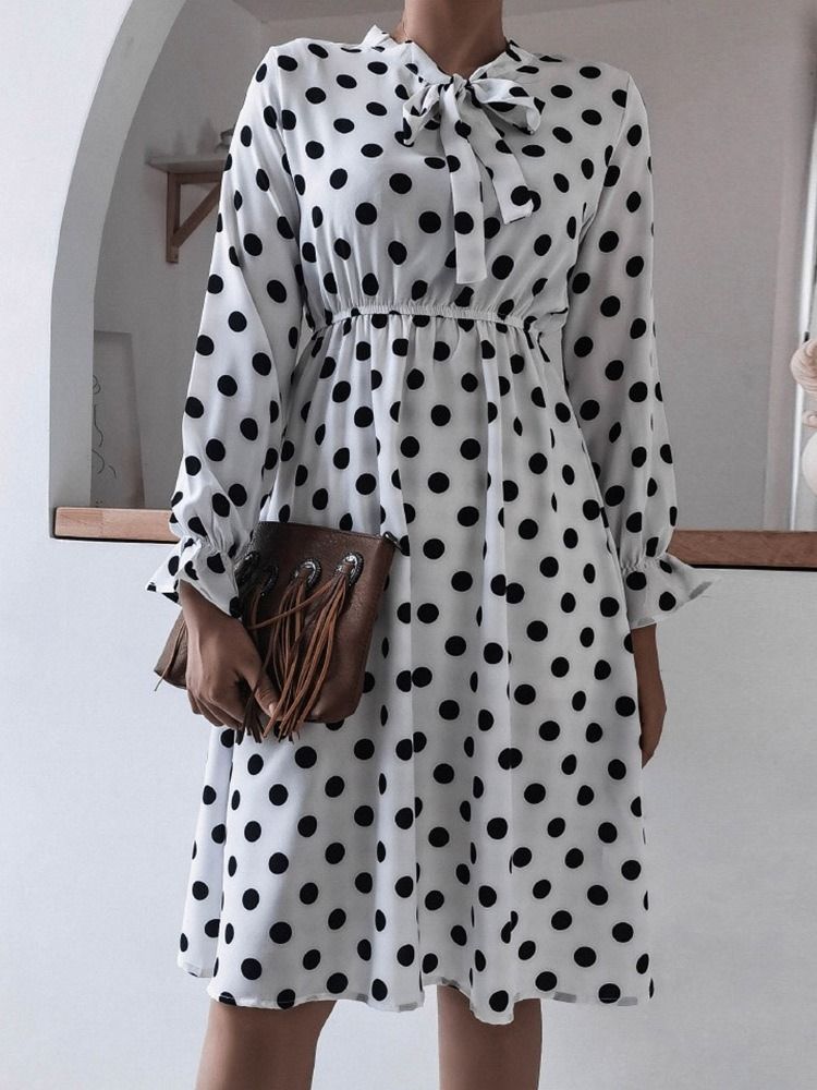 Metade Da Panturrilha Patchwork Arco Colarinho A-line Polka Dots Vestido Feminino