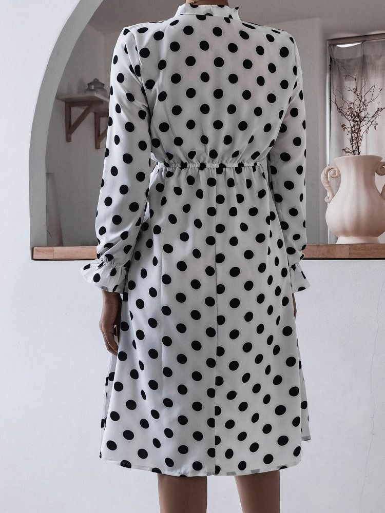 Metade Da Panturrilha Patchwork Arco Colarinho A-line Polka Dots Vestido Feminino