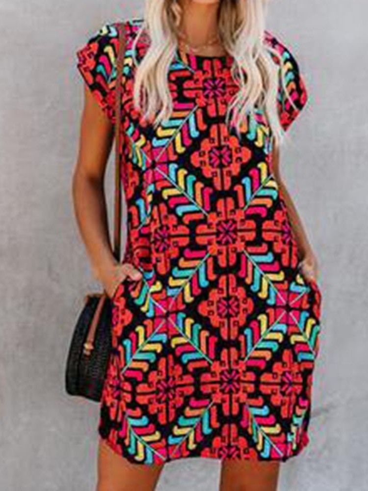 Moda Africana Feminina Vestido Casual Com Bolso Acima Do Joelho E Manga Curta