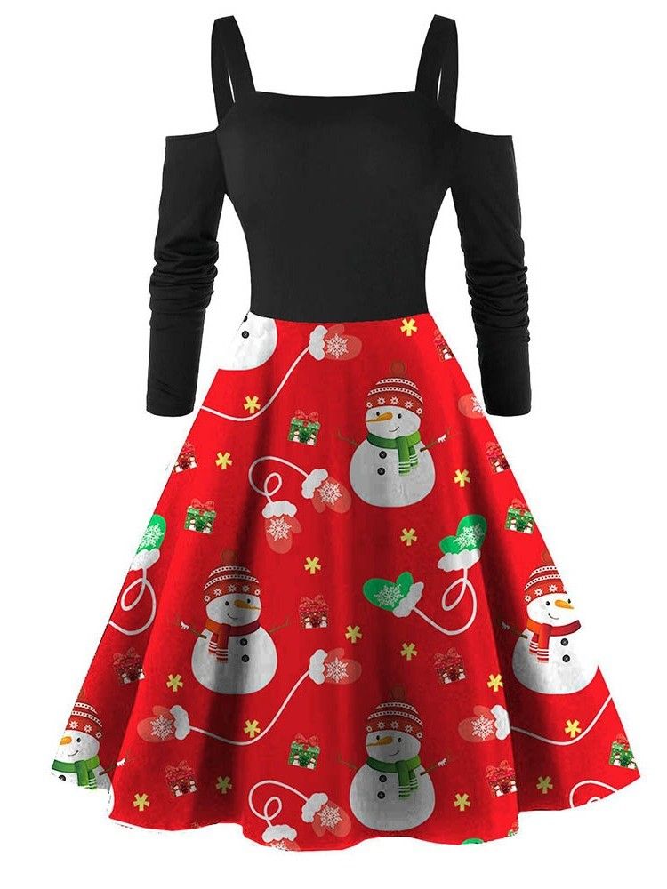 Patchwork Feminino De Natal Na Altura Do Joelho Manga De Nove Pontos Com Alça Espaguete Vestido Normal