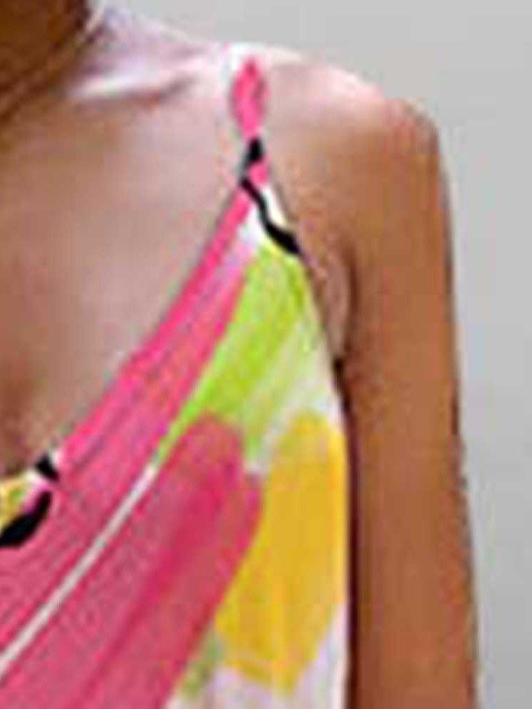 Pulôver Feminino Com Estampa Até O Tornozelo E Decote Em V Vestido Casual De Verão