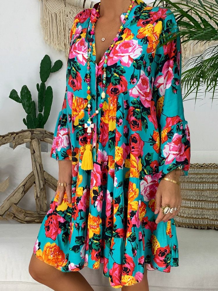 Vestido Feminino Acima Do Joelho Manga Comprida Com Decote Em V Casual Linha A