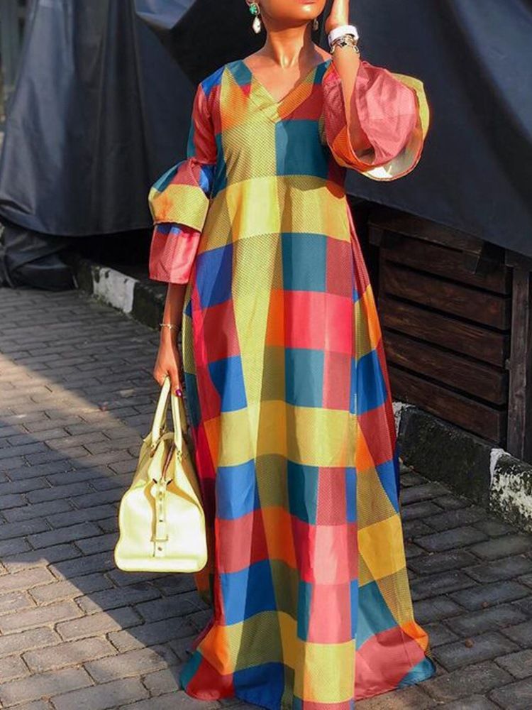 Vestido Feminino Até O Chão Com Decote Em V Manga Nove Pontos Vestido De Primavera Casual