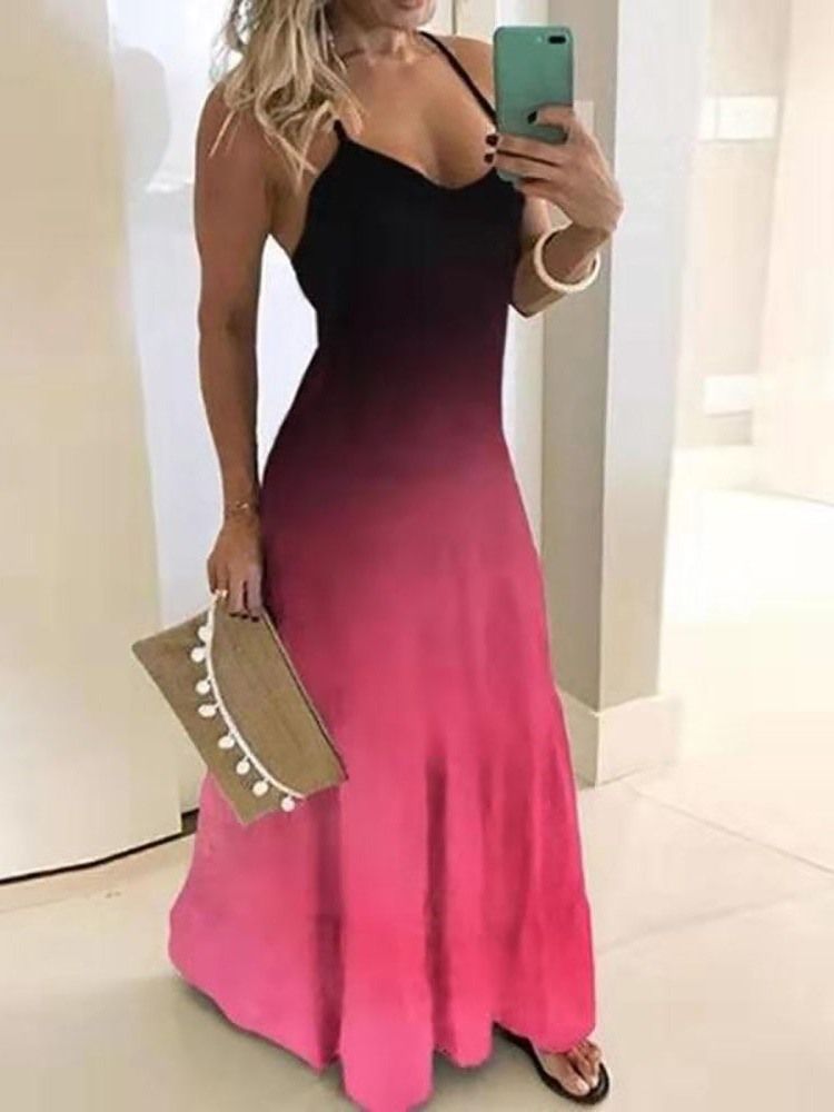 Vestido Feminino Até O Chão Sem Mangas Com Cintura Alta E Gradiente