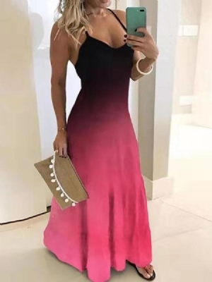 Vestido Feminino Até O Chão Sem Mangas Com Cintura Alta E Gradiente