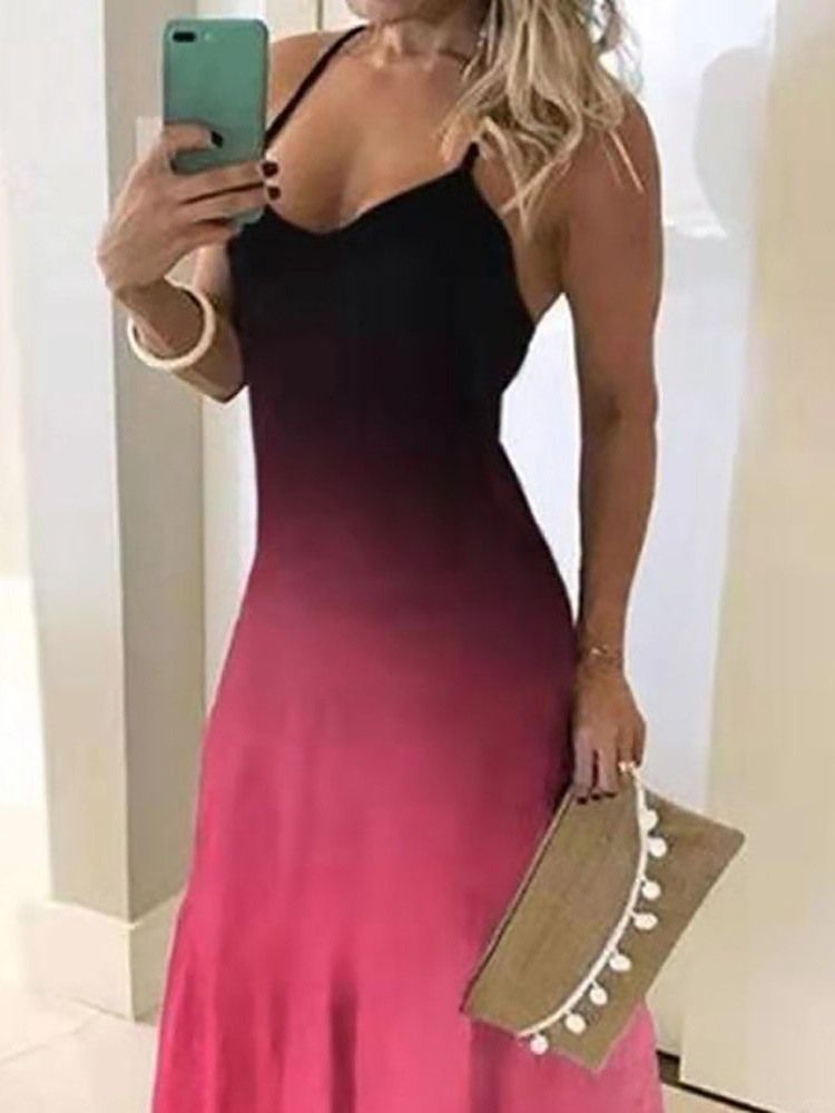 Vestido Feminino Até O Chão Sem Mangas Com Cintura Alta E Gradiente